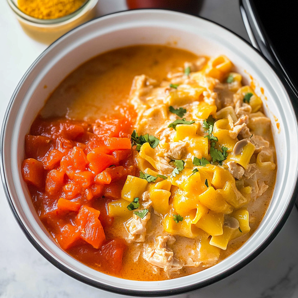 Crockpot Cheesy Chicken Enchilada Pasta