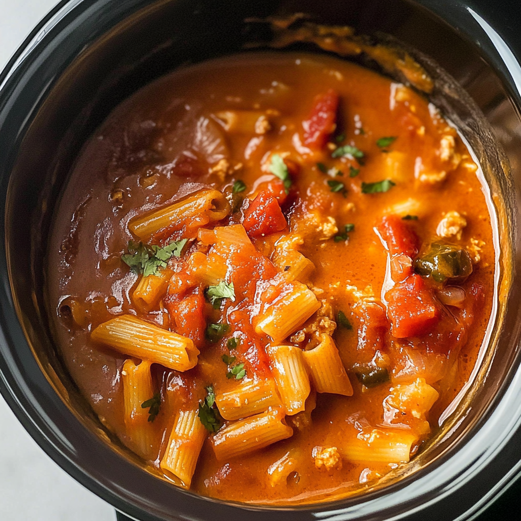 Crockpot Cheesy Chicken Enchilada Pasta