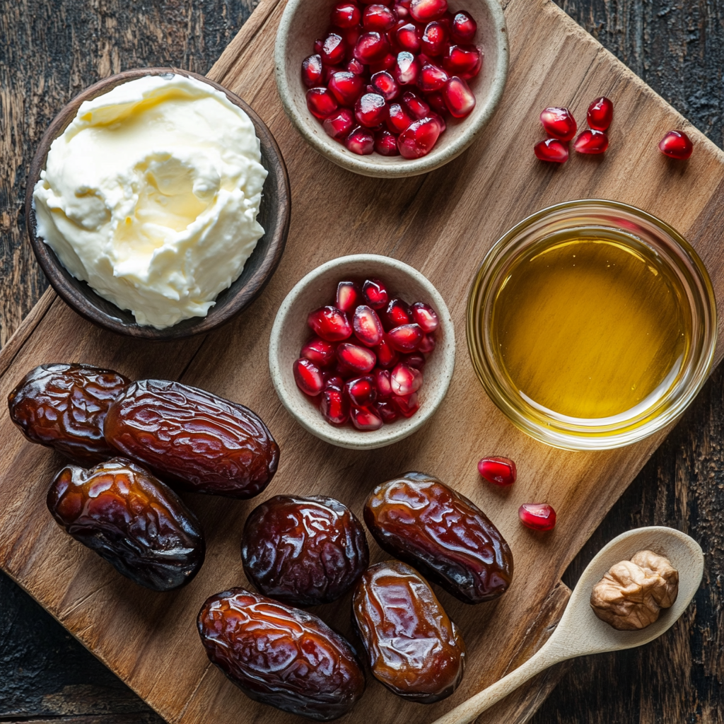 Mascarpone Stuffed Dates with Pomegranate and Honey ingredients