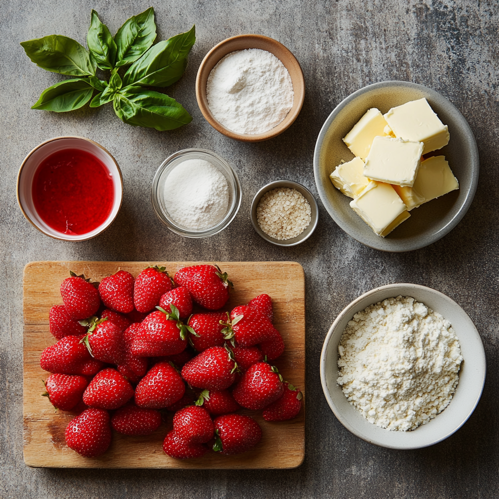 Strawberry Basil Shortcakes with Whipped Ricotta ingredients