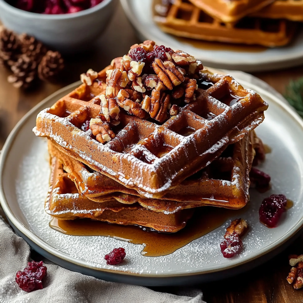 Christmas Gingerbread Waffles with Maple Pecan