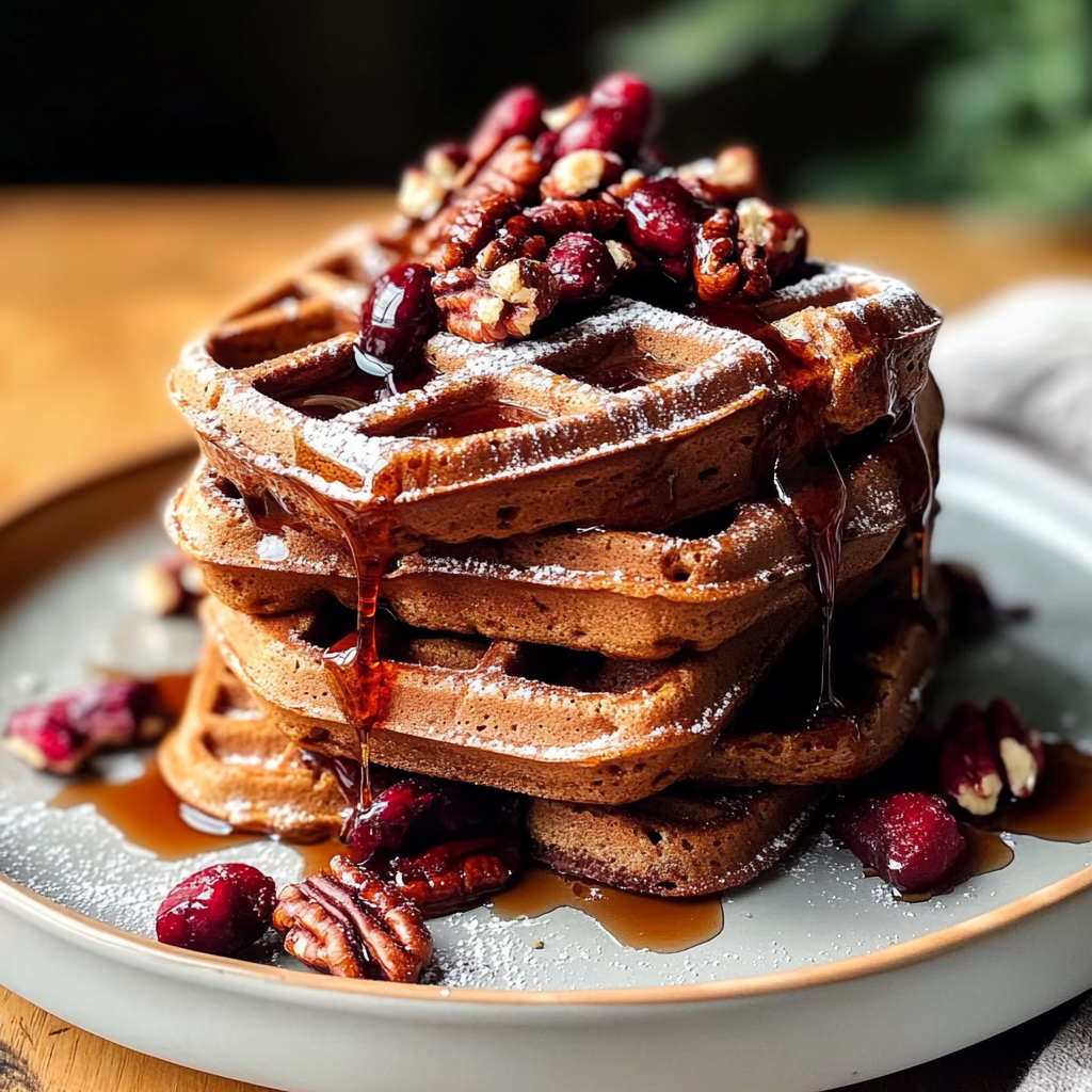 Christmas Gingerbread Waffles with Maple Pecan