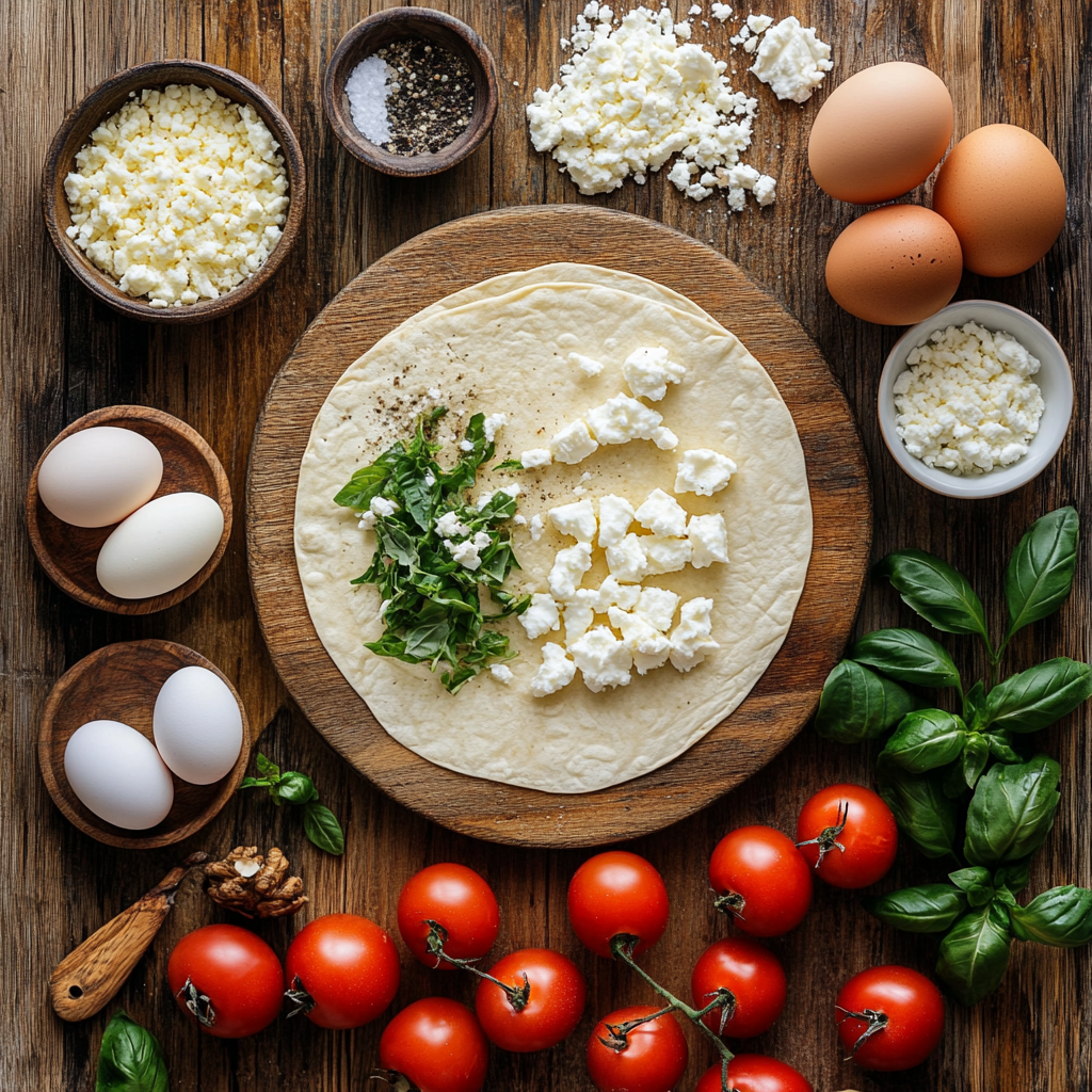 Festive Tomato Basil Tortilla Quiche ingredients
