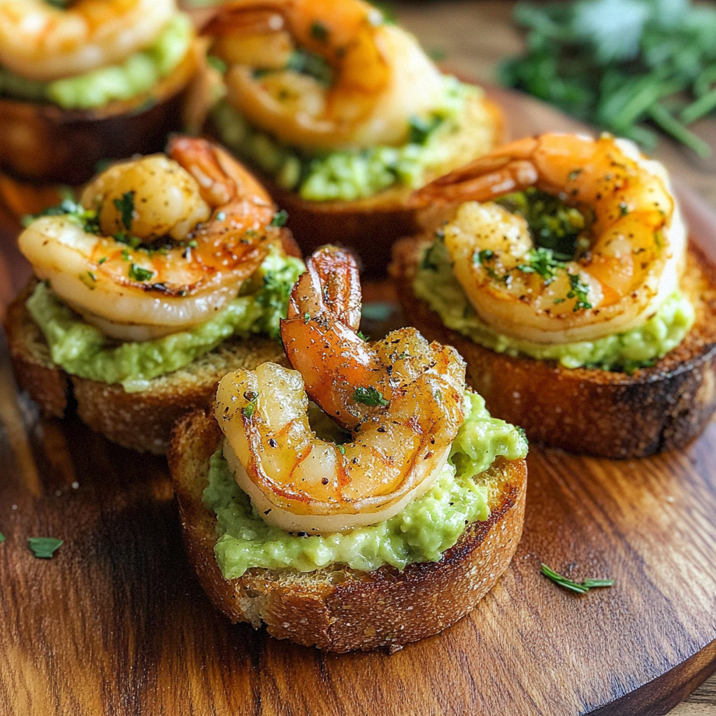 Garlic Shrimp Avocado Crostini
