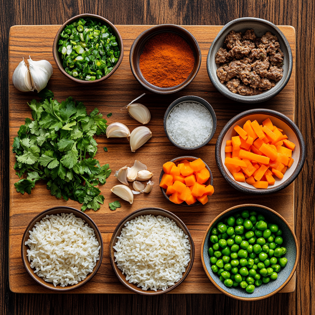 One Pot Spiced Lamb and Rice ingredients