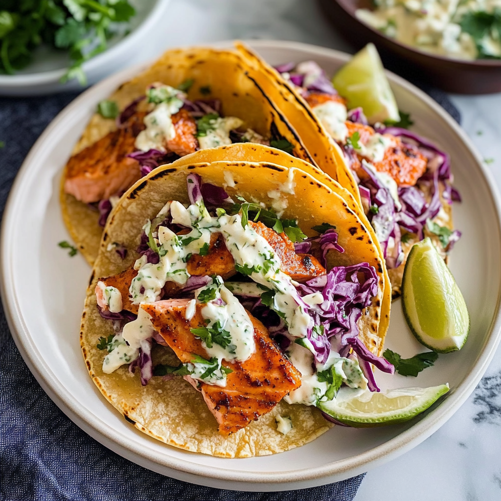 Quick and Easy Salmon Tacos with Yogurt Slaw