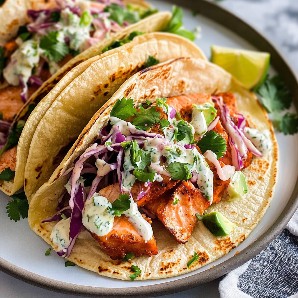 Quick and Easy Salmon Tacos with Yogurt Slaw
