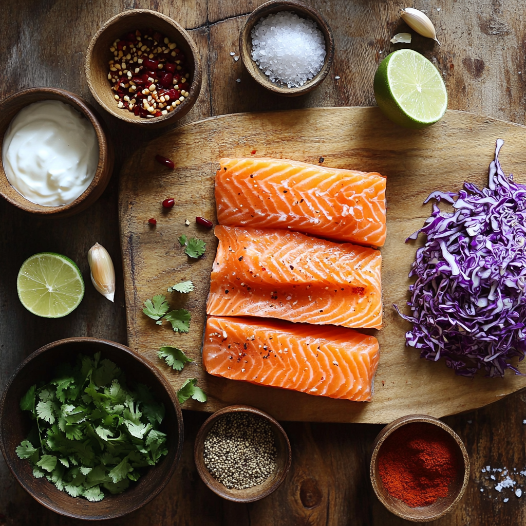 Quick and Easy Salmon Tacos with Yogurt Slaw ingredients