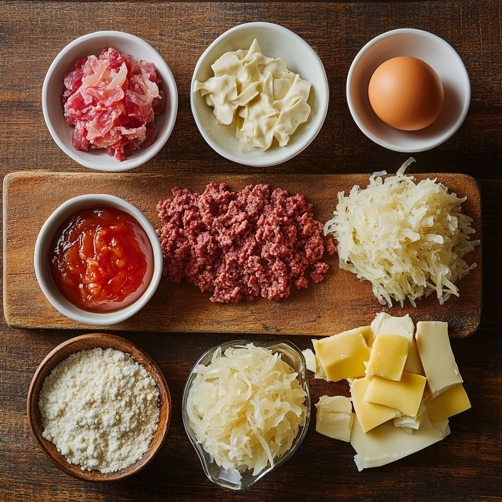 Reuben Balls with Spicy Thousand Island Dipping Sauce ingredients