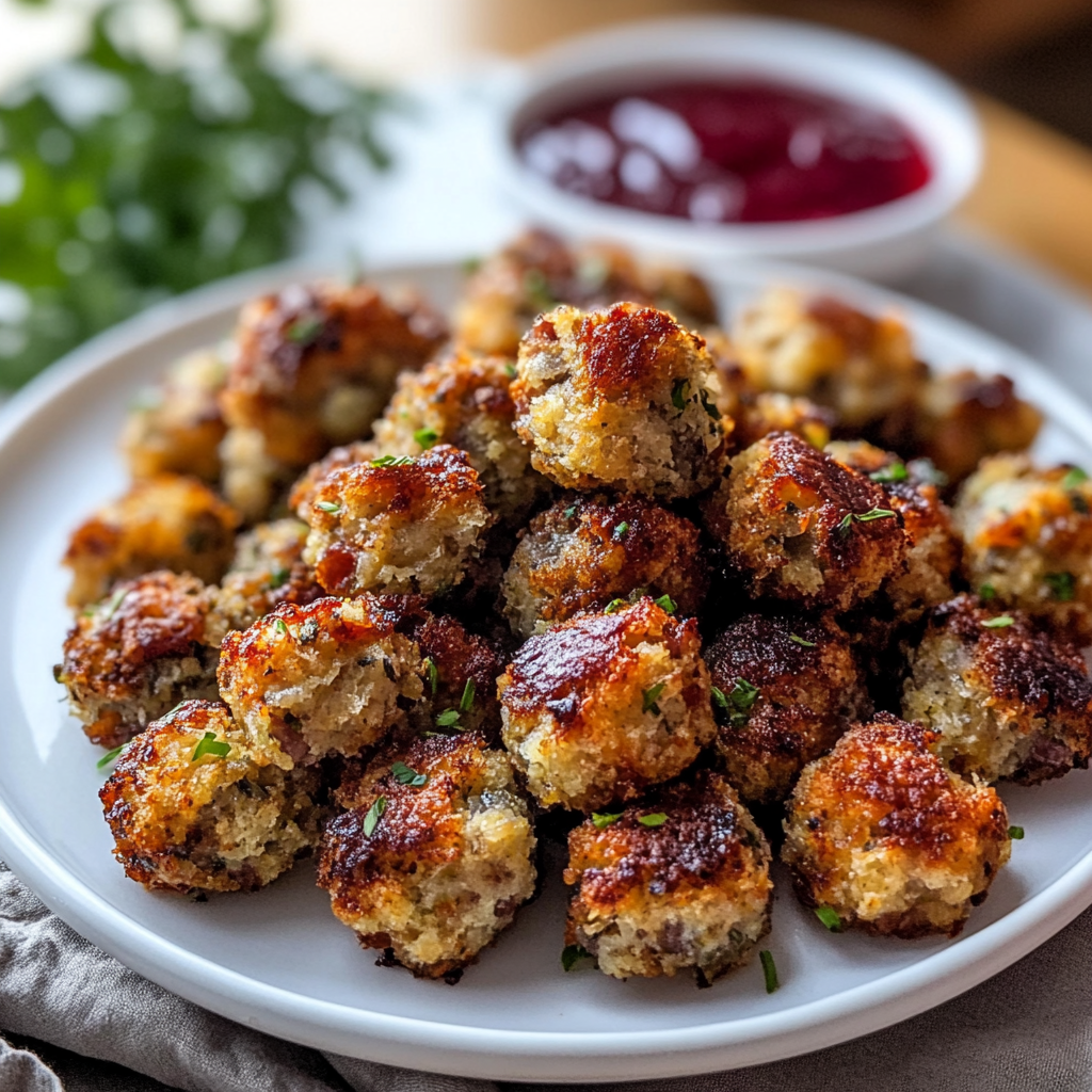 Beef Sausage Stuffing Bites & Cranberry Dip