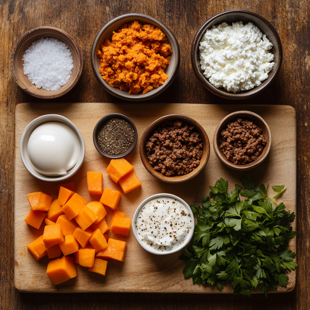 Cottage Cheese Sweet Potato Ground Beef Bowls ingredients