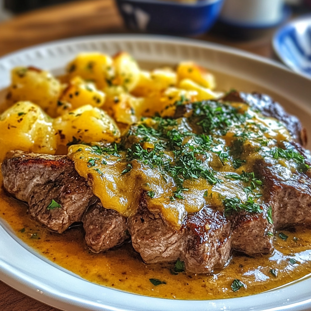Garlic Butter Steak & Cheddar Potato Bake