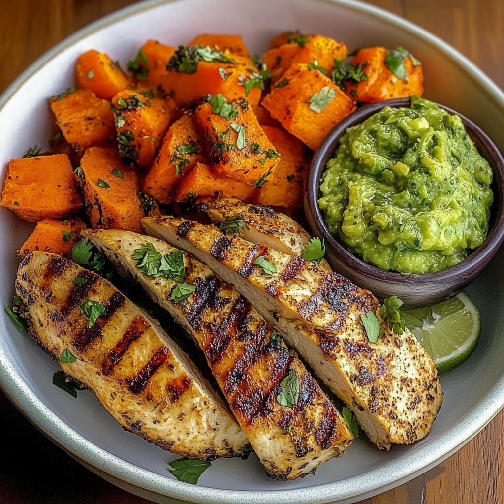 Grilled Herb Chicken Bowl with Sweet Potato Fries & Avocado Salsa