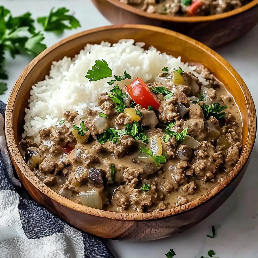 Ground Beef Stroganoff with Rice