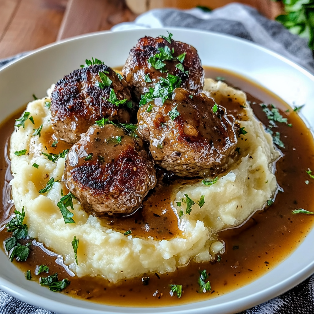 Salisbury Steak Meatballs with Garlic Herb Mashed Potatoes