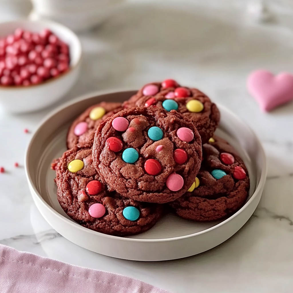 Valentine’s Red Velvet M&M Cookies