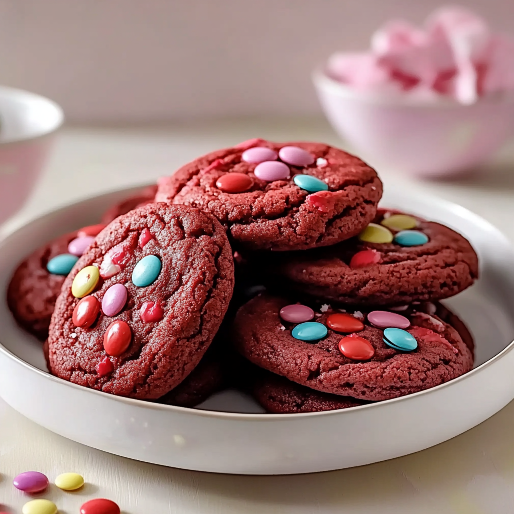 Valentine’s Red Velvet M&M Cookies