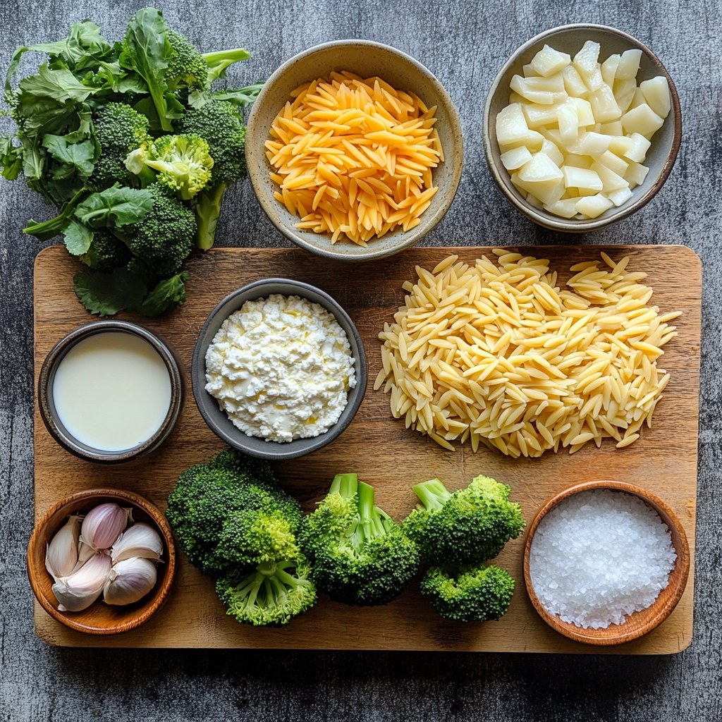 Creamy One Pot Broccoli Cheddar Orzof ingredients