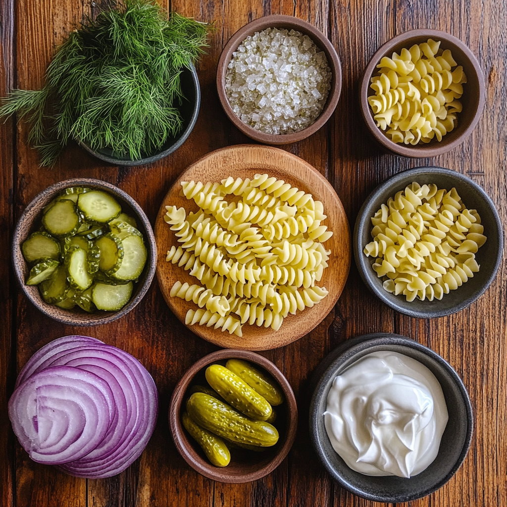 Dill Pickle Pasta Salad ingredients