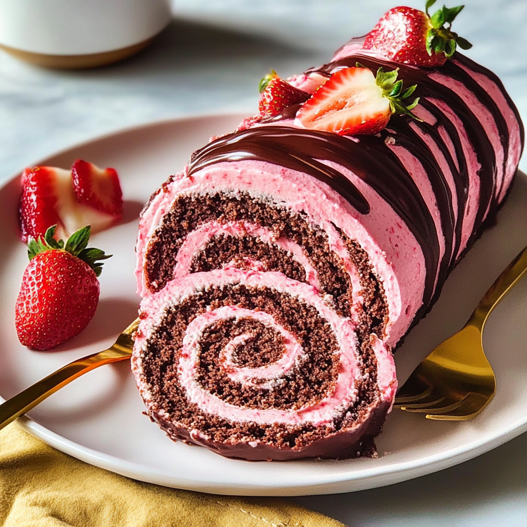 Valentine Chocolate-Covered Strawberry Swiss Roll Cake